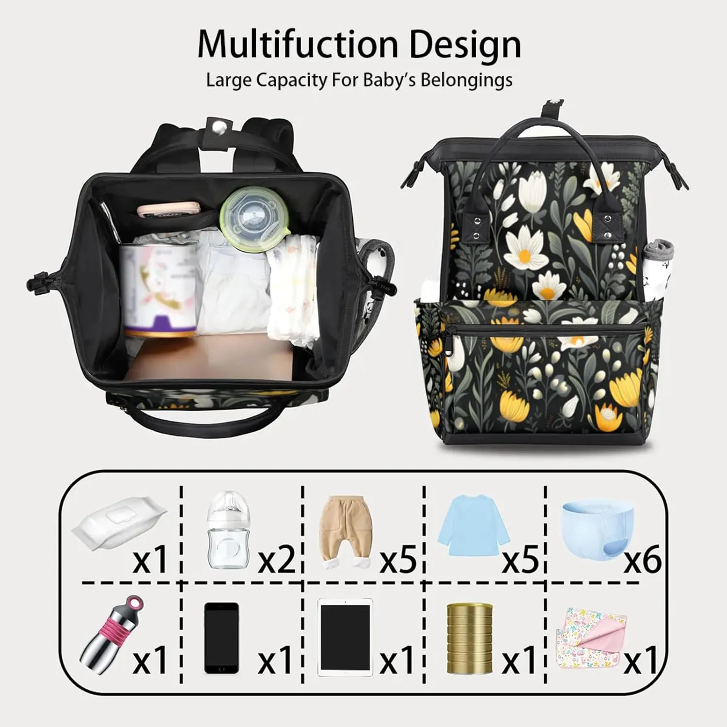 Tavisto Golden White Florals Double Shoulder Mommy Bag for Women, Polyester Large Capacity Diaper Backpack with Multi Pockets, Waterproof Adjustable Straps Diaper Bag for Moms Dads, 11''×7''×15.7''
