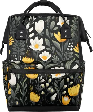 Tavisto Golden White Florals Double Shoulder Mommy Bag for Women, Polyester Large Capacity Diaper Backpack with Multi Pockets, Waterproof Adjustable Straps Diaper Bag for Moms Dads, 11''×7''×15.7''