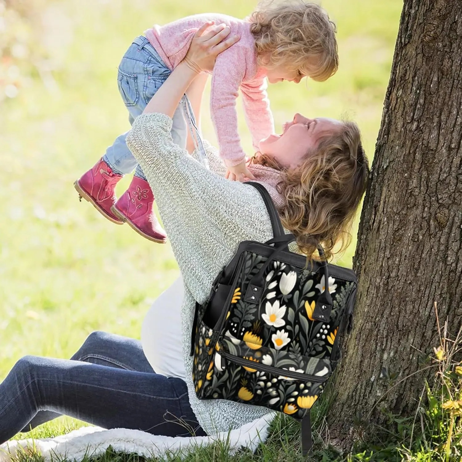 Tavisto Golden White Florals Double Shoulder Mommy Bag for Women, Polyester Large Capacity Diaper Backpack with Multi Pockets, Waterproof Adjustable Straps Diaper Bag for Moms Dads, 11''×7''×15.7''