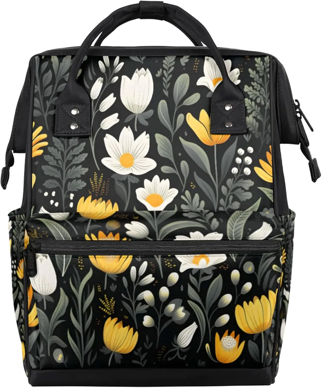 Tavisto Golden White Florals Double Shoulder Mommy Bag for Women, Polyester Large Capacity Diaper Backpack with Multi Pockets, Waterproof Adjustable Straps Diaper Bag for Moms Dads, 11''×7''×15.7''
