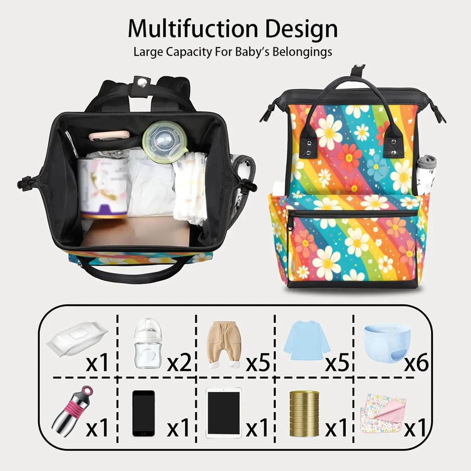 Tavisto Rainbow Flower Fields Double Shoulder Mommy Bag for Women, Polyester Large Capacity Diaper Backpack with Multi Pockets, Waterproof Adjustable Straps Diaper Bag for Moms Dads, 11''×7''×15.7''