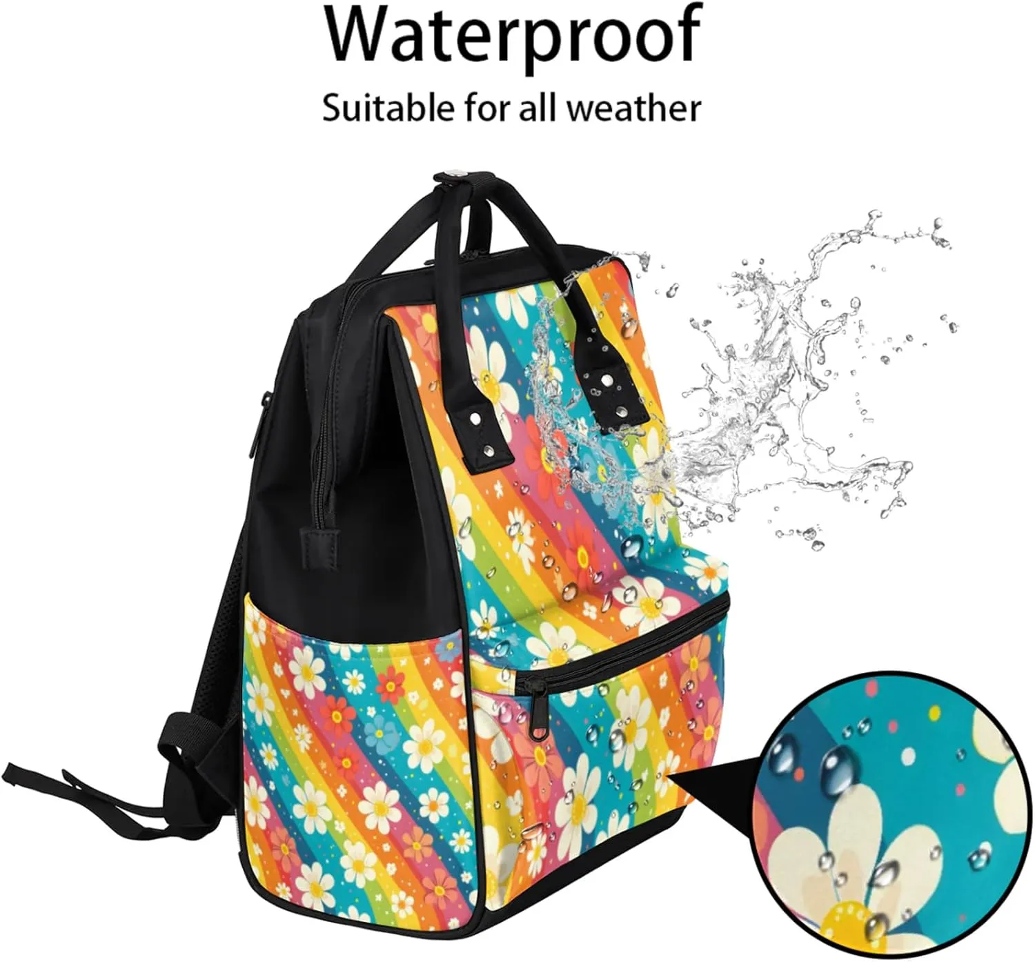 Tavisto Rainbow Flower Fields Double Shoulder Mommy Bag for Women, Polyester Large Capacity Diaper Backpack with Multi Pockets, Waterproof Adjustable Straps Diaper Bag for Moms Dads, 11''×7''×15.7''