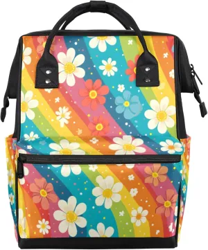 Tavisto Rainbow Flower Fields Double Shoulder Mommy Bag for Women, Polyester Large Capacity Diaper Backpack with Multi Pockets, Waterproof Adjustable Straps Diaper Bag for Moms Dads, 11''×7''×15.7''