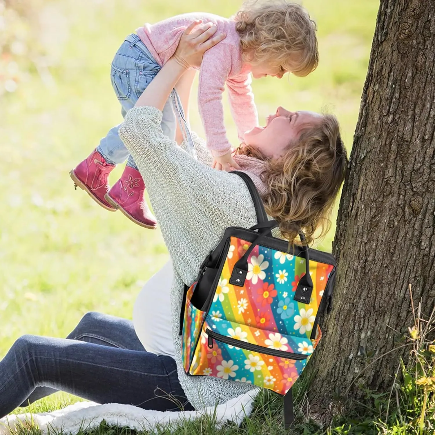 Tavisto Rainbow Flower Fields Double Shoulder Mommy Bag for Women, Polyester Large Capacity Diaper Backpack with Multi Pockets, Waterproof Adjustable Straps Diaper Bag for Moms Dads, 11''×7''×15.7''