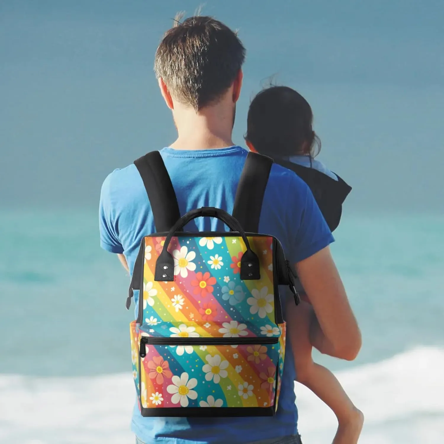 Tavisto Rainbow Flower Fields Double Shoulder Mommy Bag for Women, Polyester Large Capacity Diaper Backpack with Multi Pockets, Waterproof Adjustable Straps Diaper Bag for Moms Dads, 11''×7''×15.7''