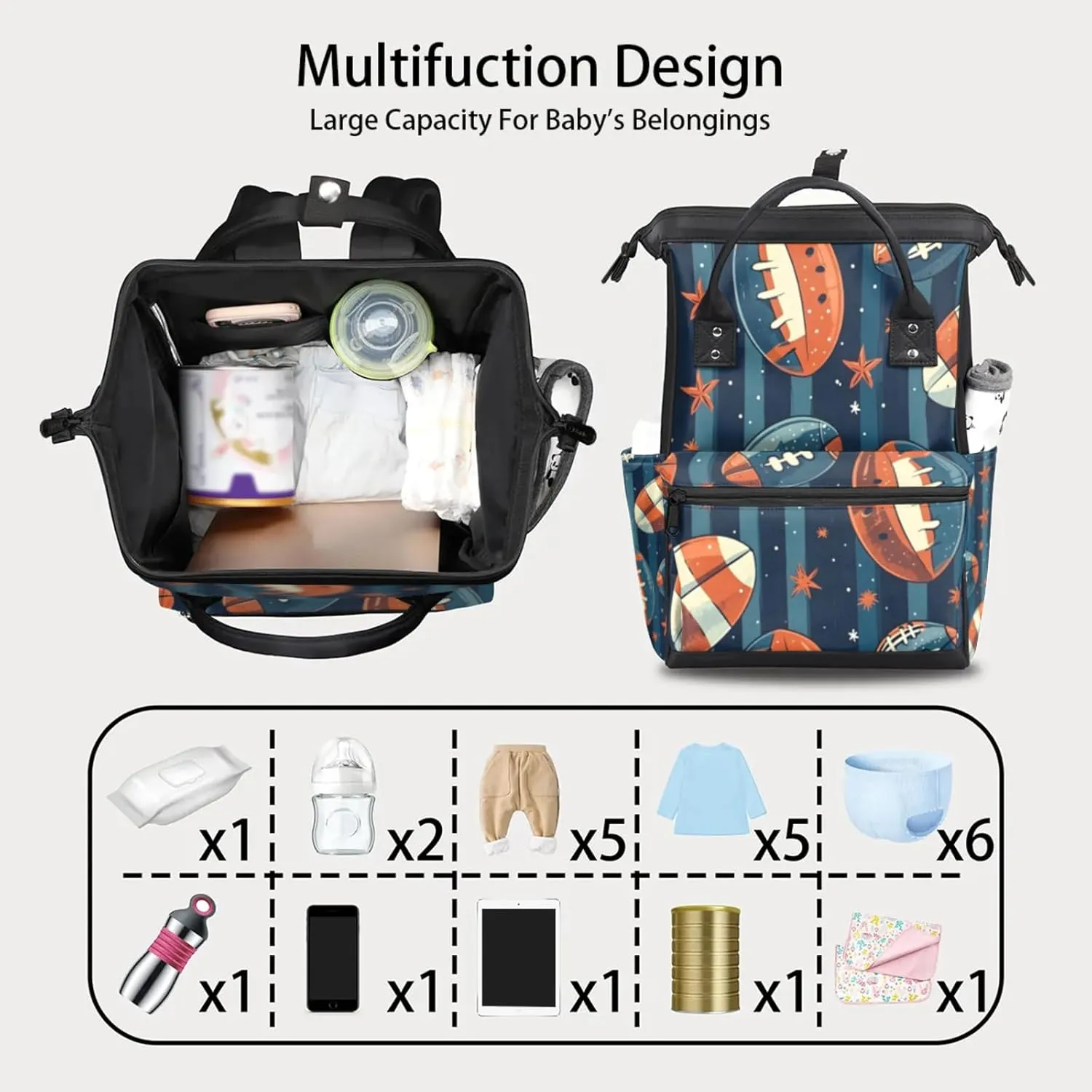Tavisto Rugby Starry Night Double Shoulder Mommy Bag for Women, Polyester Large Capacity Diaper Backpack with Multi Pockets, Waterproof Adjustable Straps Diaper Bag for Moms Dads, 11''×7''×15.7''