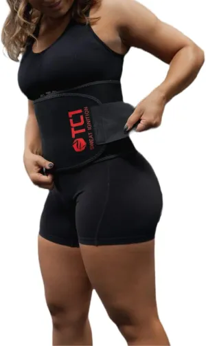 TC1 Regular or Large Sweat Belt and Waist Trimmer, Premium Stomach Wrap For Men and Women, Increases Body Temp, Black