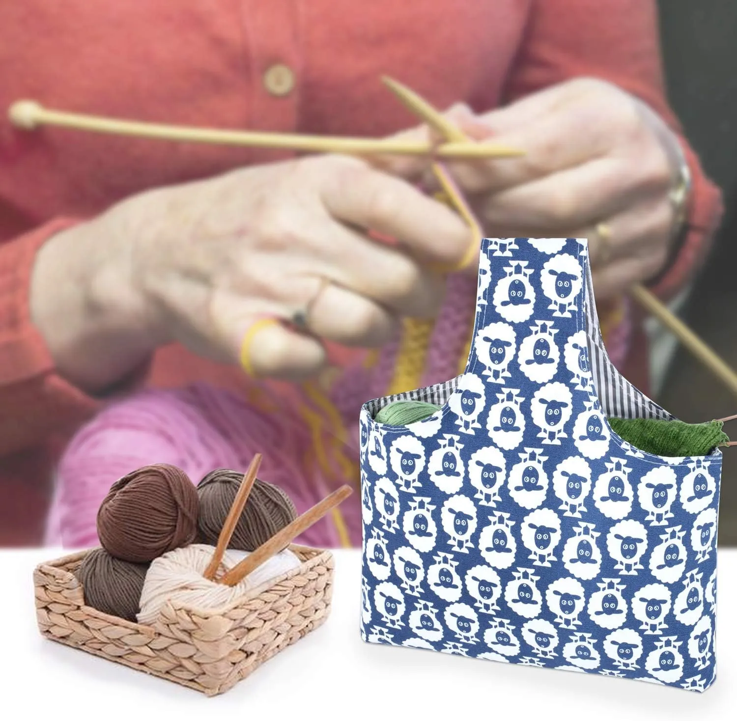 Teamoy Knitting Tote Bag, Travel Project Wrist Bag for Needles(14inches), Yarn and Crochet Supplies, Lightweight, Perfect Size for Knitting on The Go (Large, Sheep)