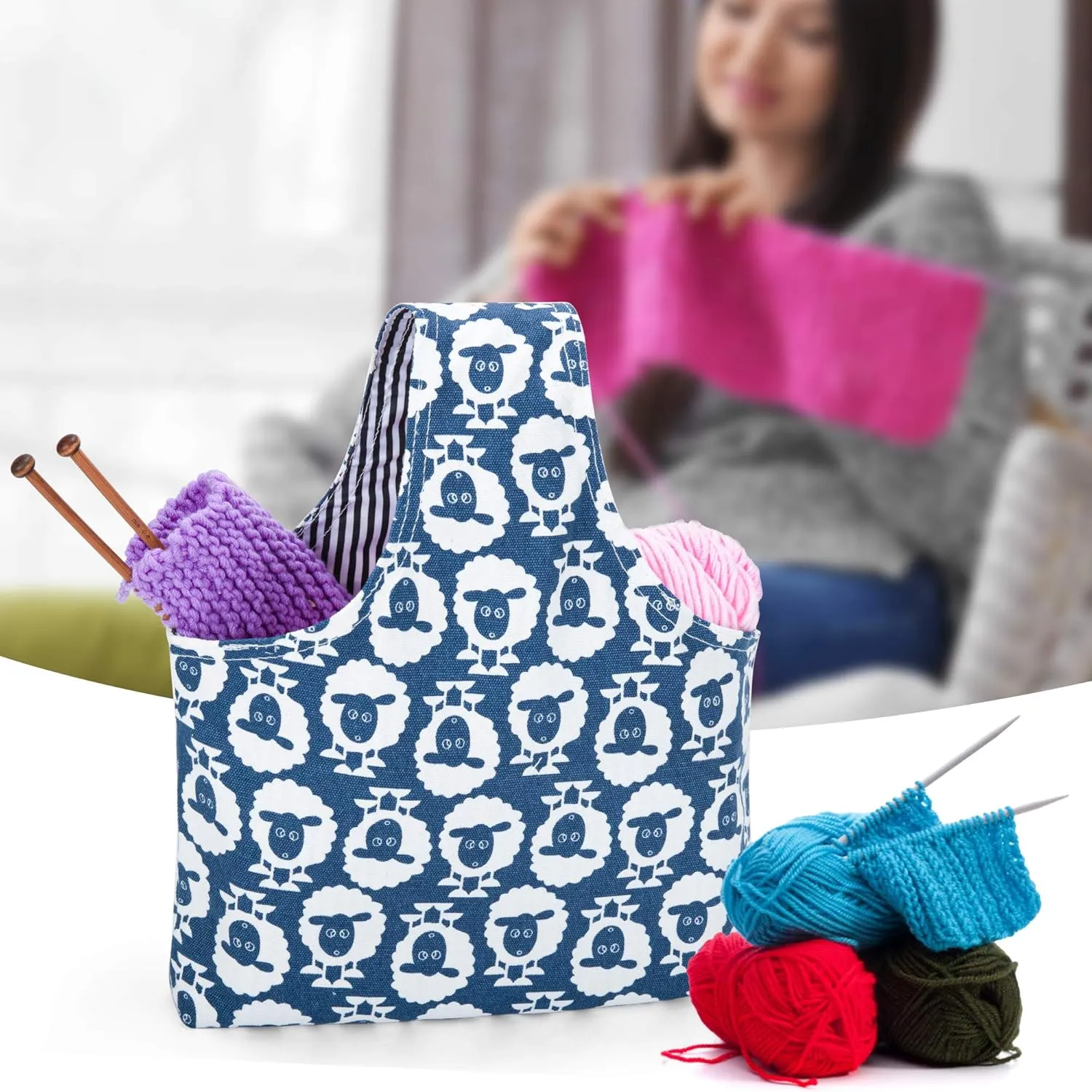 Teamoy Knitting Tote Bag(L12.2 x W7.5), Travel Project Wrist Bag for Knitting Needles(up to 11 Inches), Yarn and Crochet Supplies,Perfect Size for Knitting on The Go (Small, Sheep)