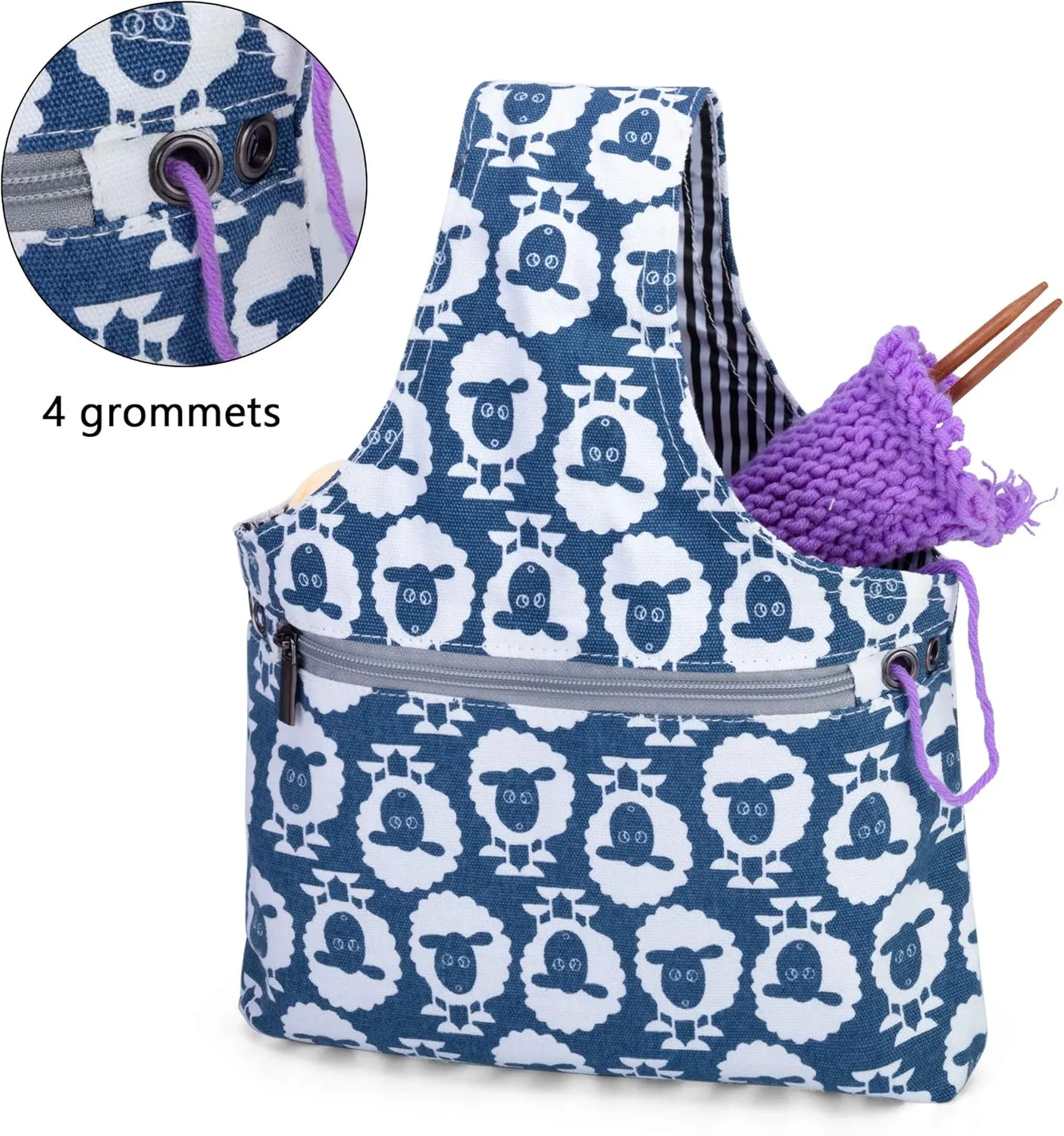 Teamoy Knitting Tote Bag(L12.2 x W7.5), Travel Project Wrist Bag for Knitting Needles(up to 11 Inches), Yarn and Crochet Supplies,Perfect Size for Knitting on The Go (Small, Sheep)