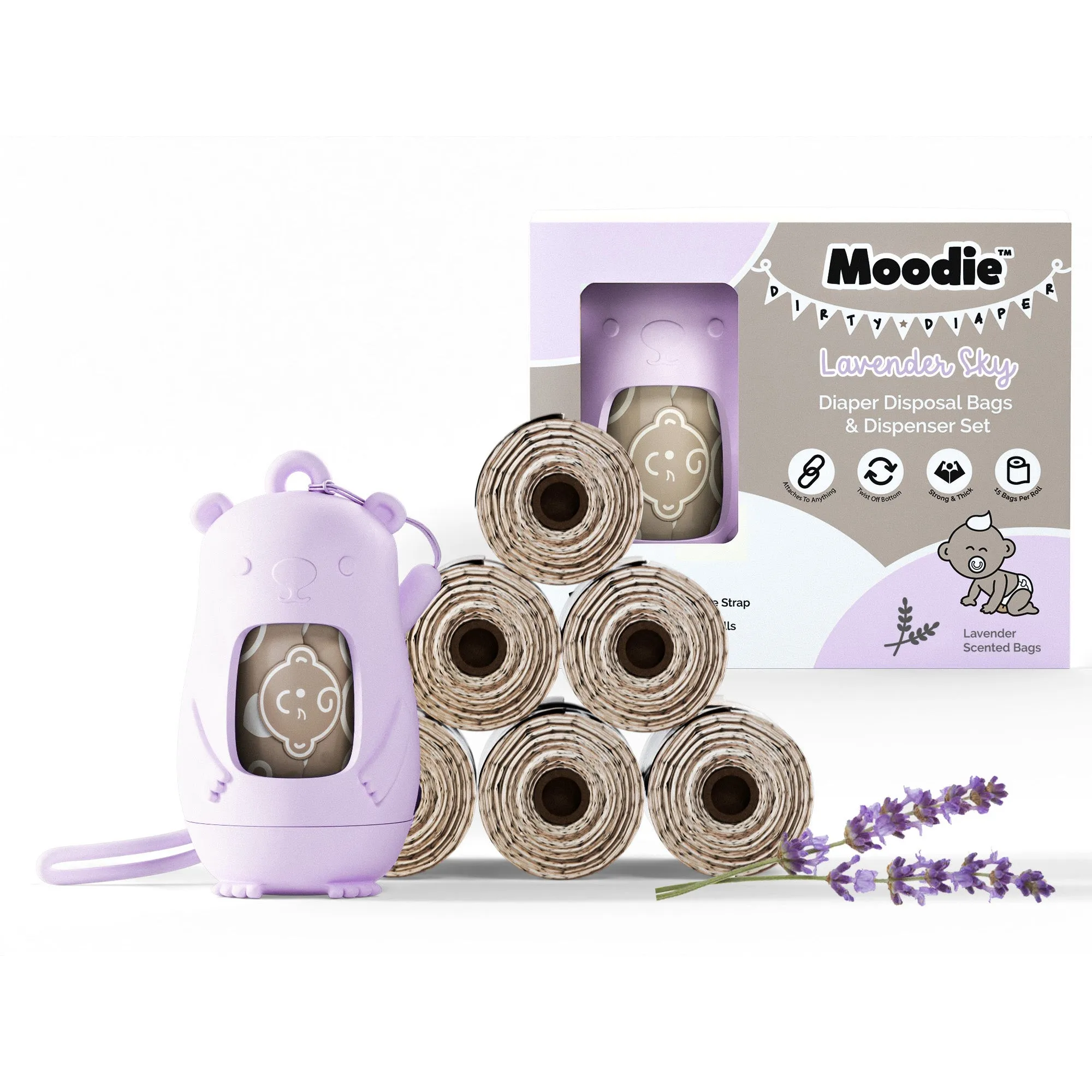 Teddy Bear Disposable Diaper Bags Dispenser COMBO PACK | 105 LAVENDER SCENTED Baby Poop Bags TOTAL & 1x Dispenser (LAVENDER SKY)