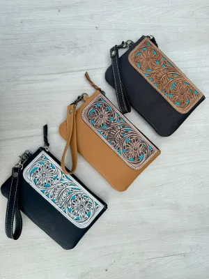 The Design Edge Tooling Leather Carved Small Clutch with Turquoise Base - Renovation Sale