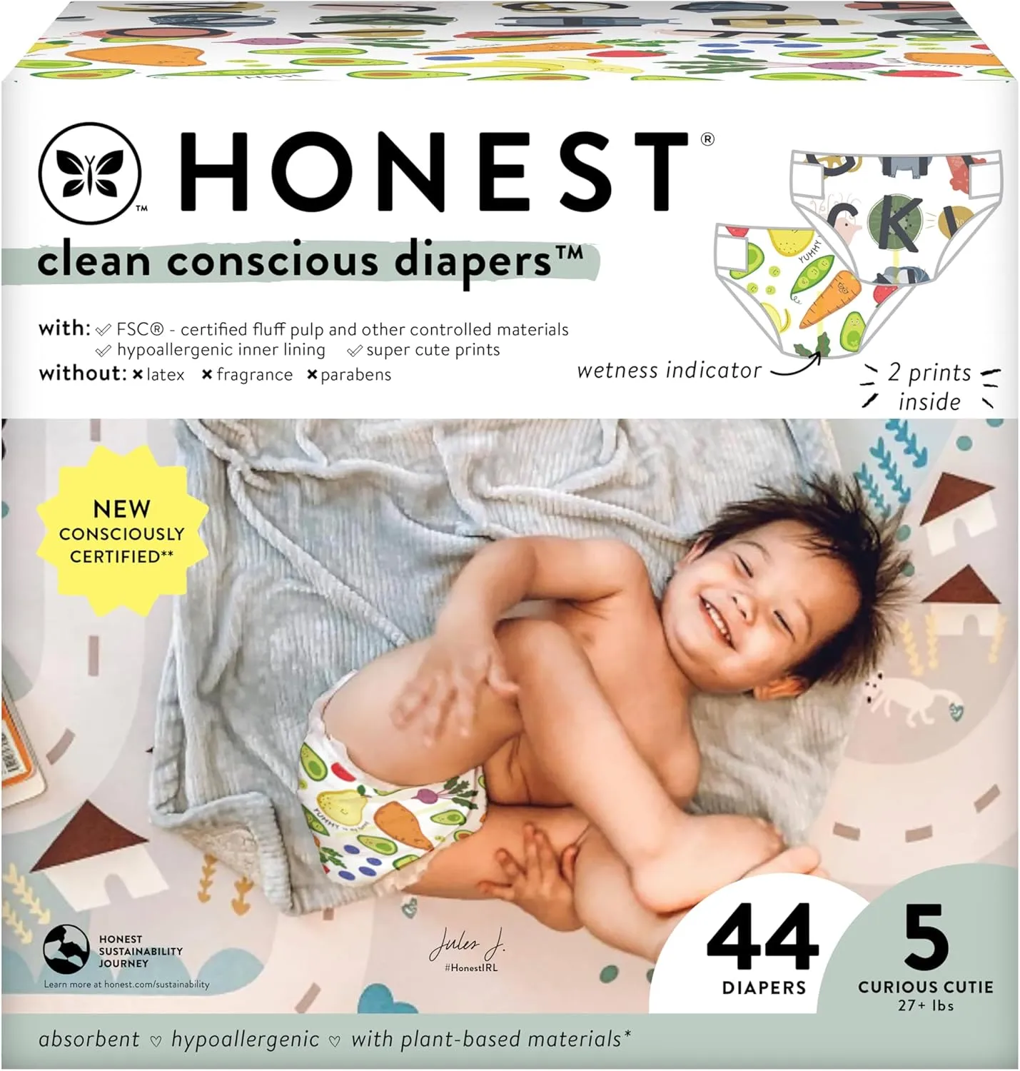 The Honest Company Clean Conscious Diapers for Sensitive Skin | Hypoallergenic, Fragrance Free | Gender Neutral Prints | Club Box, Size 5 (27  lbs), 44 Count