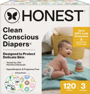 The Honest Company Clean Conscious Diapers for Sensitive Skin | Hypoallergenic, Fragrance Free | Gender Neutral Prints | Super Club Box, Size 3 (16-28 lbs), 120 Count