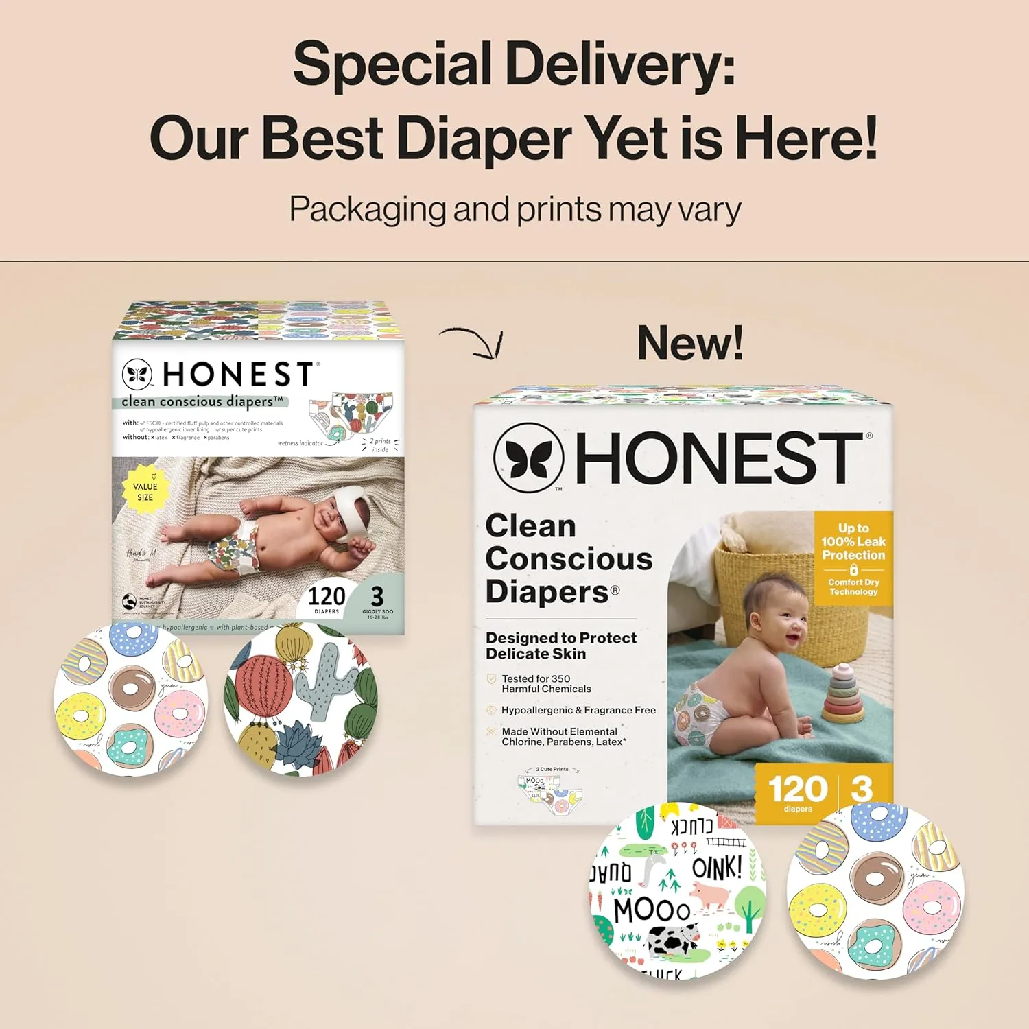 The Honest Company Clean Conscious Diapers for Sensitive Skin | Hypoallergenic, Fragrance Free | Gender Neutral Prints | Super Club Box, Size 3 (16-28 lbs), 120 Count