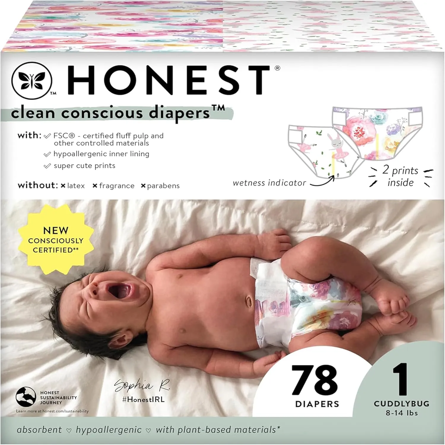 The Honest Company Clean Conscious Diapers for Sensitive Skin | Hypoallergenic, Fragrance Free | Girl Prints | Club Box, Size 1 (8-14 lbs), 78 Count