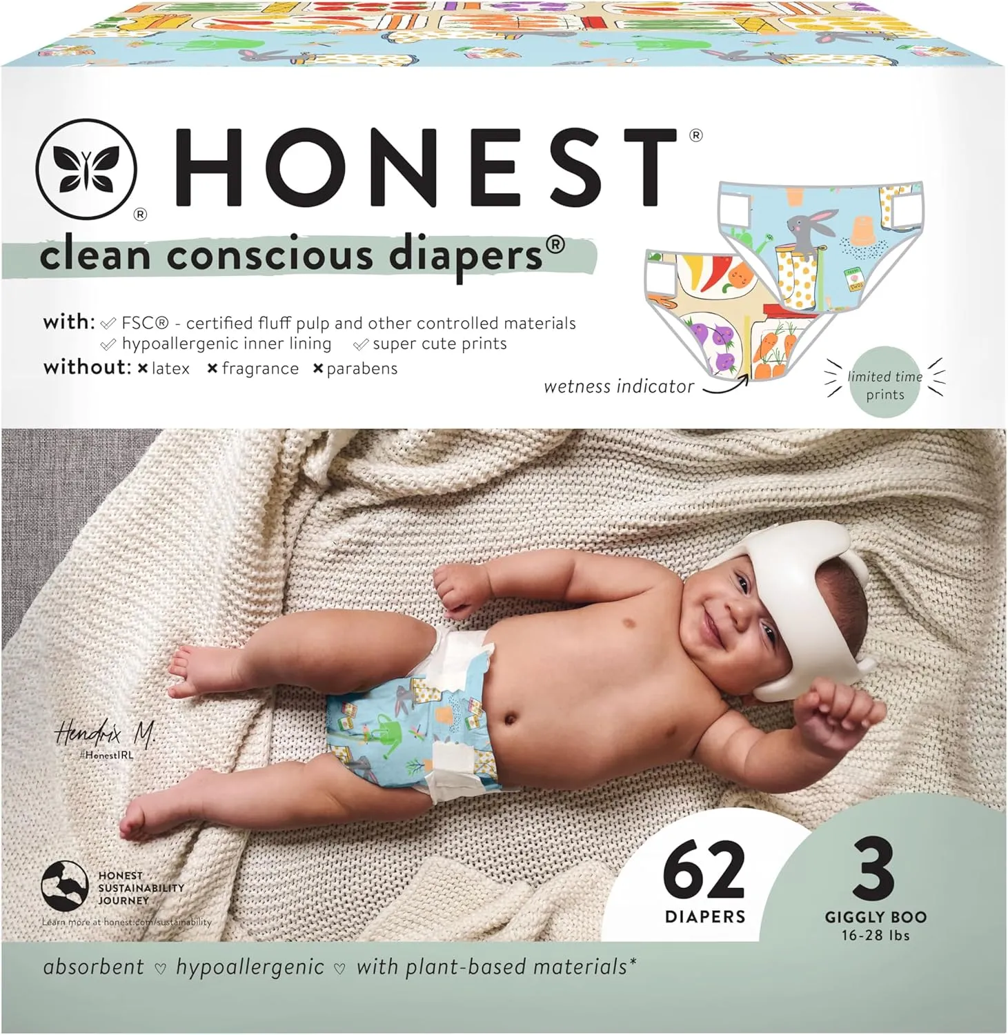 The Honest Company Clean Conscious Diapers for Sensitive Skin | Hypoallergenic, Fragrance Free | Spring '25 Limited Edition Prints | Club Box, Size 3 (16-28 lbs), 62 Count