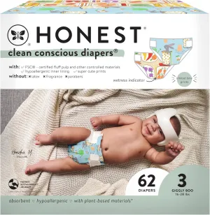 The Honest Company Clean Conscious Diapers for Sensitive Skin | Hypoallergenic, Fragrance Free | Spring '25 Limited Edition Prints | Club Box, Size 3 (16-28 lbs), 62 Count