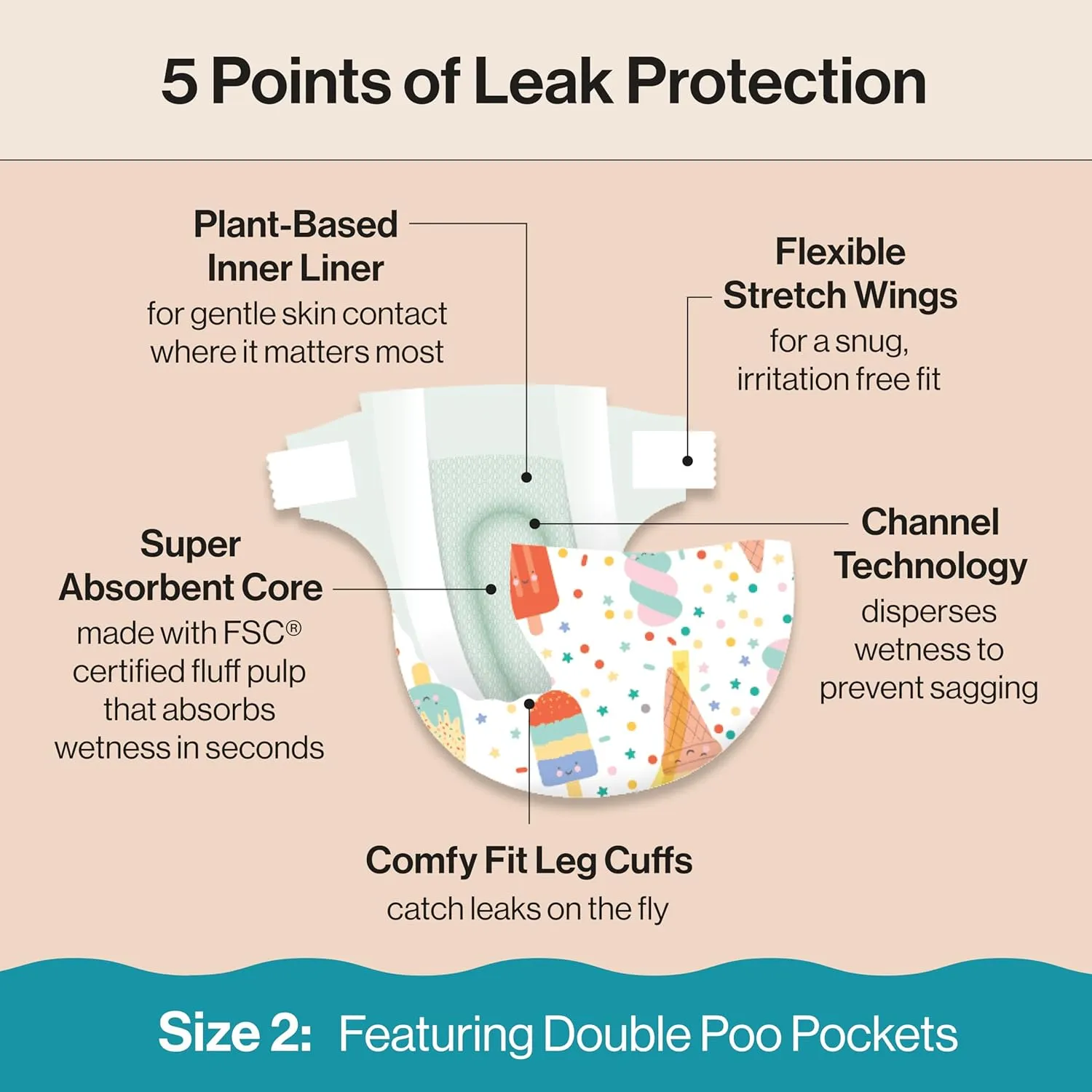 The Honest Company Clean Conscious Diapers for Sensitive Skin | Up to 100% Leakproof | Hypoallergenic, Fragrance Free | Summer '25 Limited Edition Prints | Club Box, Size 2 (12-18 lbs), 72 Count