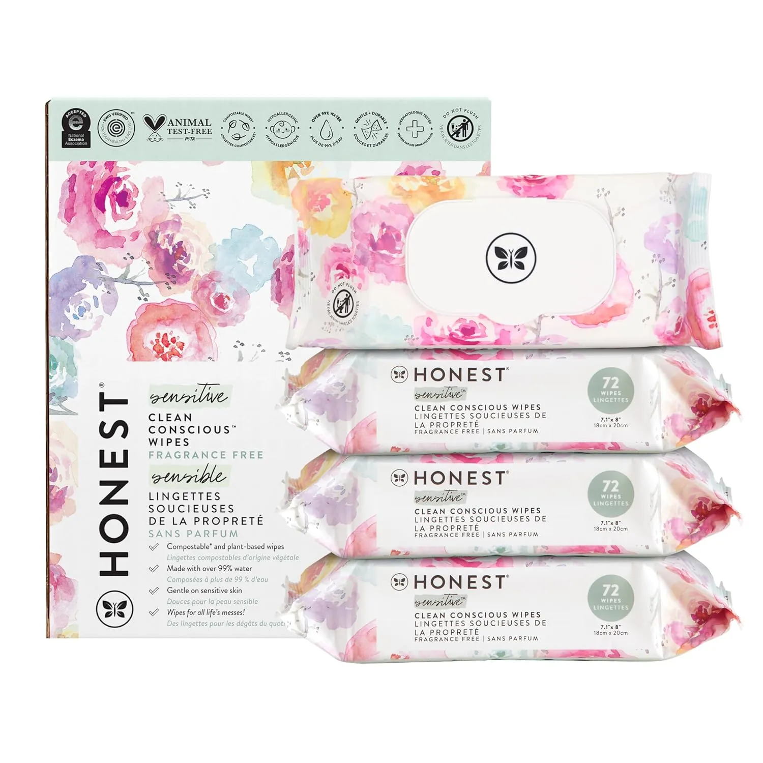 The Honest Company Clean Conscious Multi-Use Wipes | Hypoallergenic   Unscented for Sensitive Skin | Over 99% Water, Compostable, Plant Based, Baby Wipes | Rose Blossom, 288 Count