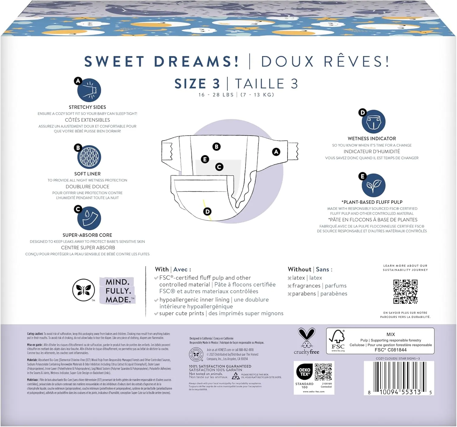 The Honest Company Clean Conscious Overnight Diapers for Sensitive Skin | Hypoallergenic, Fragrance Free | Cozy Cloud   Star Signs | Club Box, Size 3 (16-28 lbs), 52 Count
