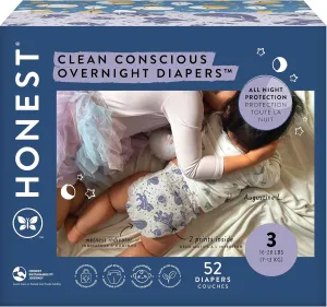 The Honest Company Clean Conscious Overnight Diapers for Sensitive Skin | Hypoallergenic, Fragrance Free | Cozy Cloud   Star Signs | Club Box, Size 3 (16-28 lbs), 52 Count