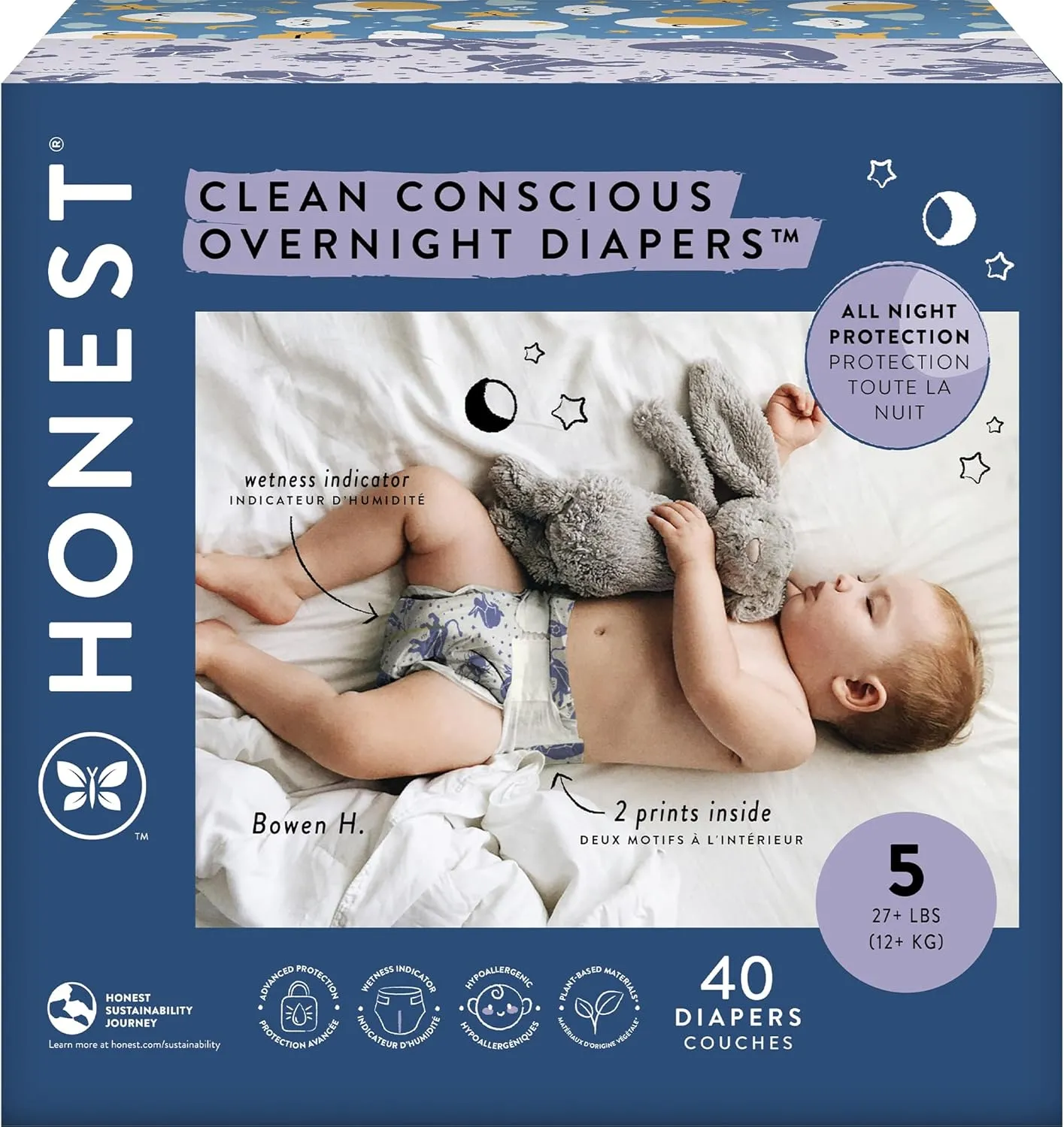 The Honest Company Clean Conscious Overnight Diapers for Sensitive Skin | Hypoallergenic, Fragrance Free | Cozy Cloud   Star Signs | Club Box, Size 5 (27  lbs), 40 Count