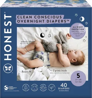 The Honest Company Clean Conscious Overnight Diapers for Sensitive Skin | Hypoallergenic, Fragrance Free | Cozy Cloud   Star Signs | Club Box, Size 5 (27  lbs), 40 Count