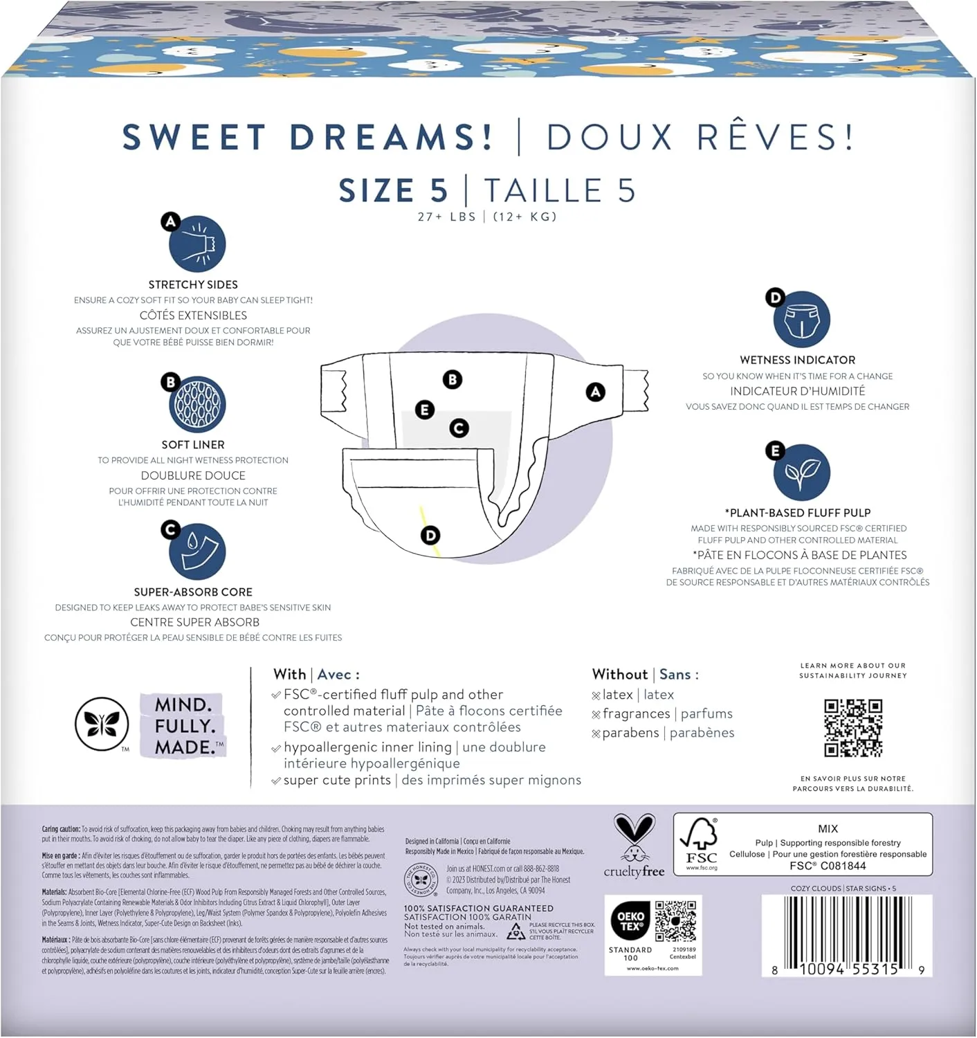 The Honest Company Clean Conscious Overnight Diapers for Sensitive Skin | Hypoallergenic, Fragrance Free | Cozy Cloud   Star Signs | Club Box, Size 5 (27  lbs), 40 Count