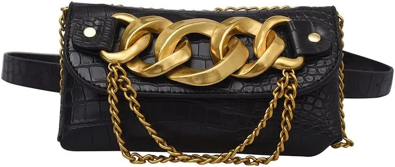 The Supreme Sling Black Vegan Crocodile Skin Waist Pack with Chains