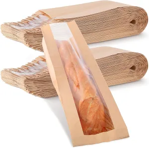 Thenshop 100 Pieces Paper Bread Bag with Window for Homemade Bread Bags Bags Brown Kraft Loaf Storage Sacks Long French Biscuits Packaging (4.5 x 2 x 24 Inch)