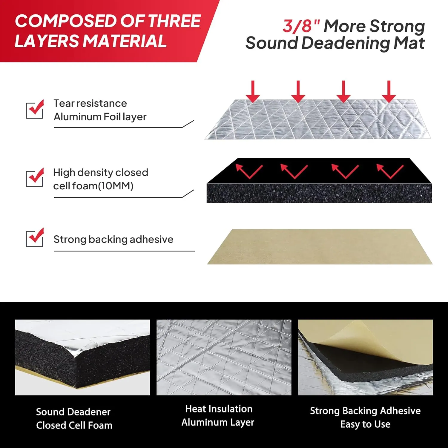 Thermal Sound Deadening 3/8" Automotive Heat Shield Insulation Mat-Car Engine Bays,Firewall Noise Reduce Stronger Adhesive with Roller,Tapes (180"x39")