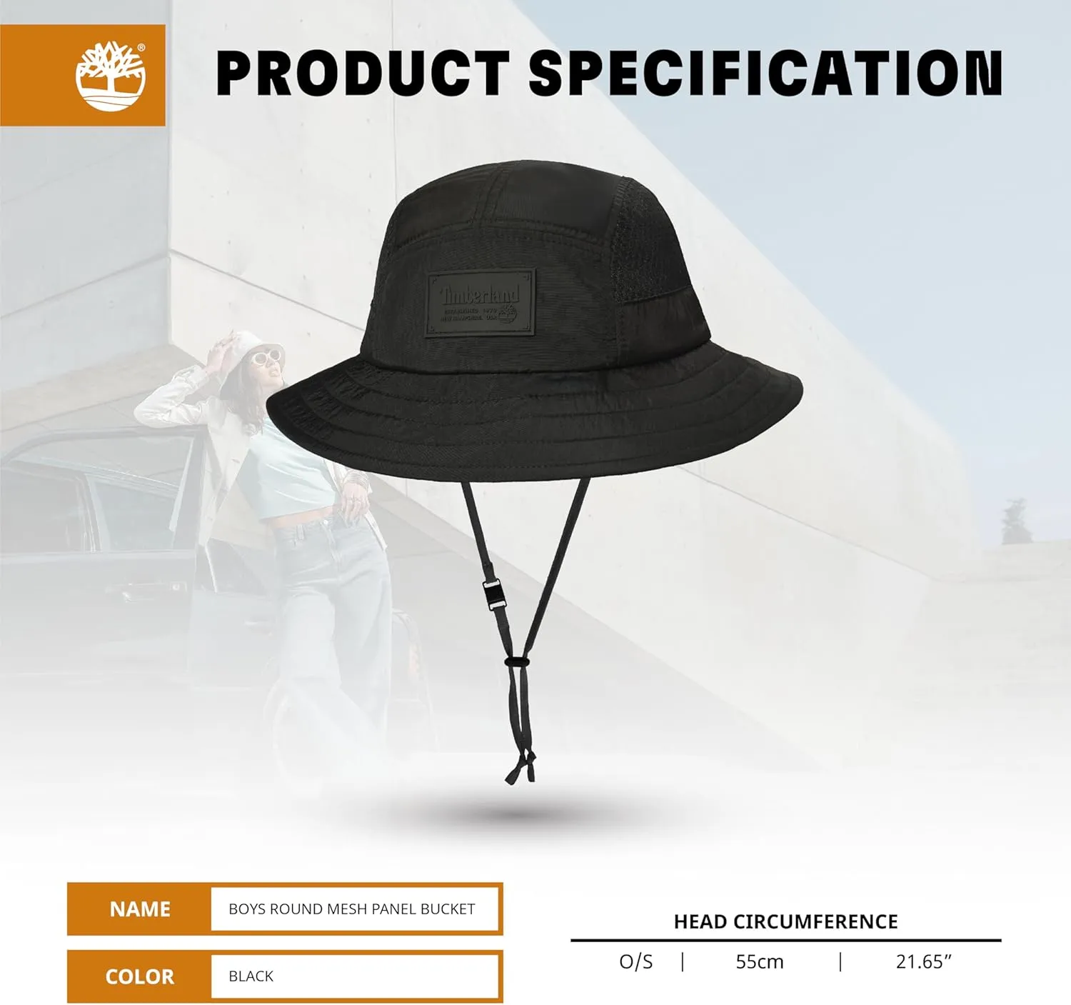 Timberland Mesh Panel Kids Boys Bucket Hat, One Size, Adjustable Chin Cord, Wide Brim Sun Hat for Outdoor Adventures