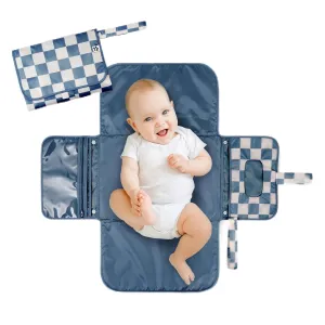 Tiny Twinkle Portable Diaper Changing Pad - Foldable Waterproof Diaper Changing Mat for Travel, Baby Changing Station with Smart Wipes Pocket & Storage (Blue Checkers)
