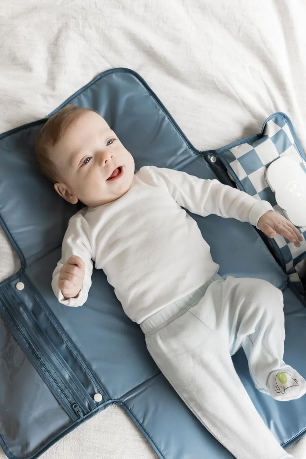 Tiny Twinkle Portable Diaper Changing Pad - Foldable Waterproof Diaper Changing Mat for Travel, Baby Changing Station with Smart Wipes Pocket & Storage (Blue Checkers)