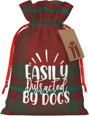 TIPKMRLE Easily Distract by Dog Christmas Gift Bag Reusable Christmas Fabric Drawstring Gift Bags