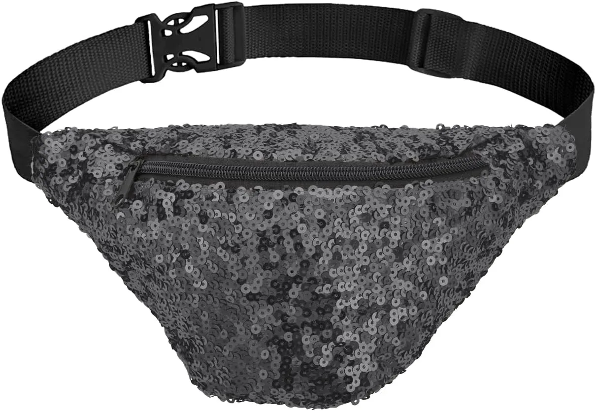 Tipsy Elves Fanny Packs - Black Shiny Sequin Fashion Waist Packs - Adjustable Stap Belt Bag for Concerts Festivals Raves