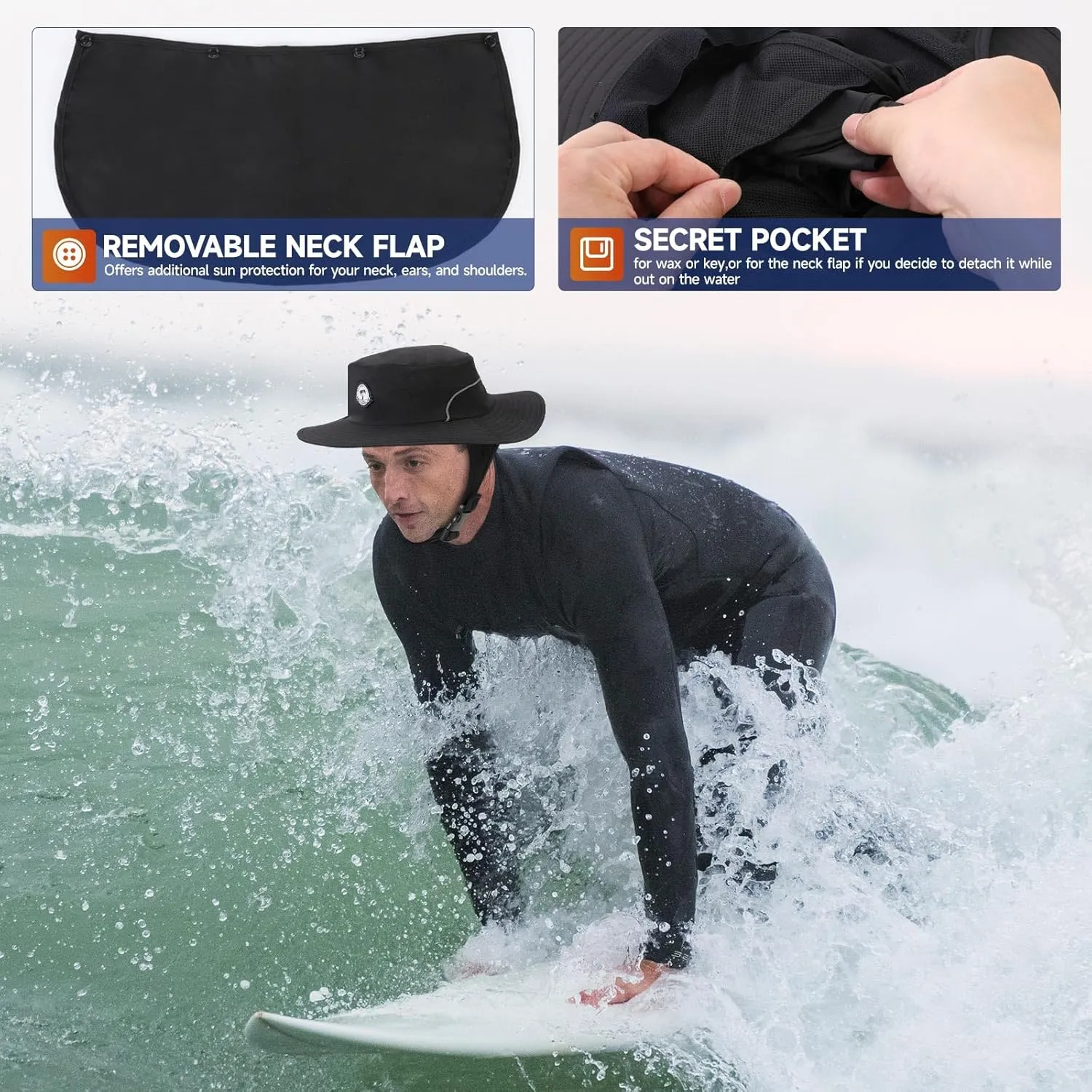 Tontron Surf Bucket Hat with Chin Straps and Neck Flap for Surfing, SUP,Kayaking,and Watersports