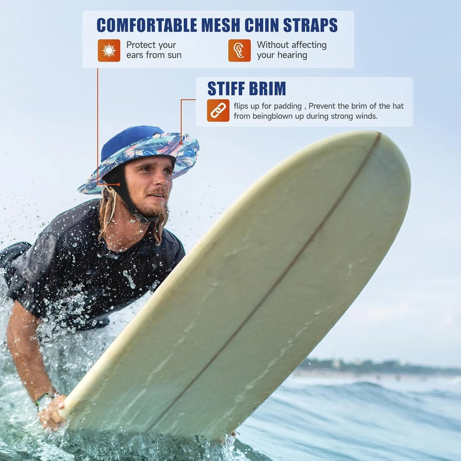 Tontron Surf Bucket Hat with Chin Straps and Neck Flap for Surfing, SUP,Kayaking,and Watersports