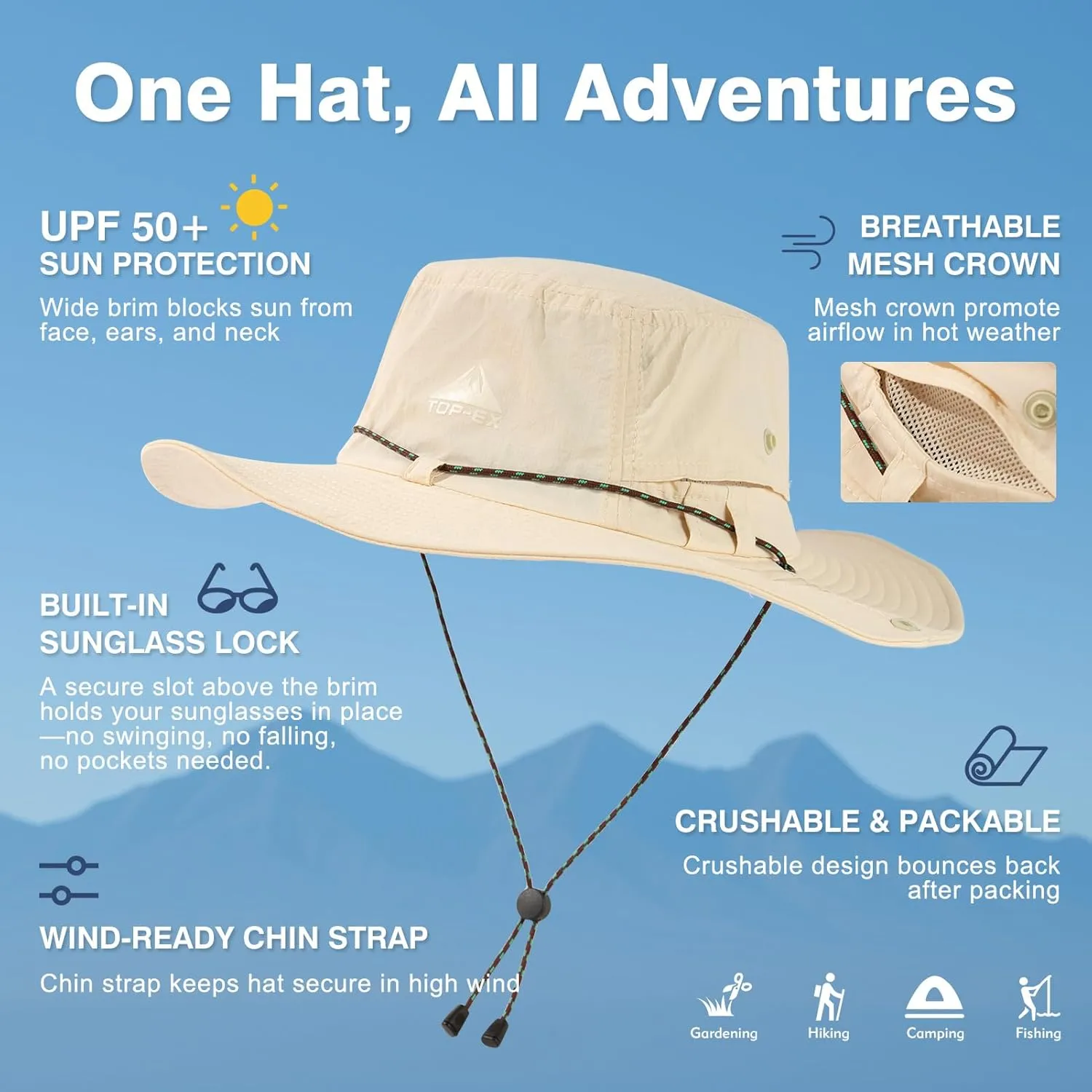 TOP-EX XL/XXL Mens Womens Sun Hat UPF 50  Wide Brim Bucket Hat for Summer-Water Repellent & Packable