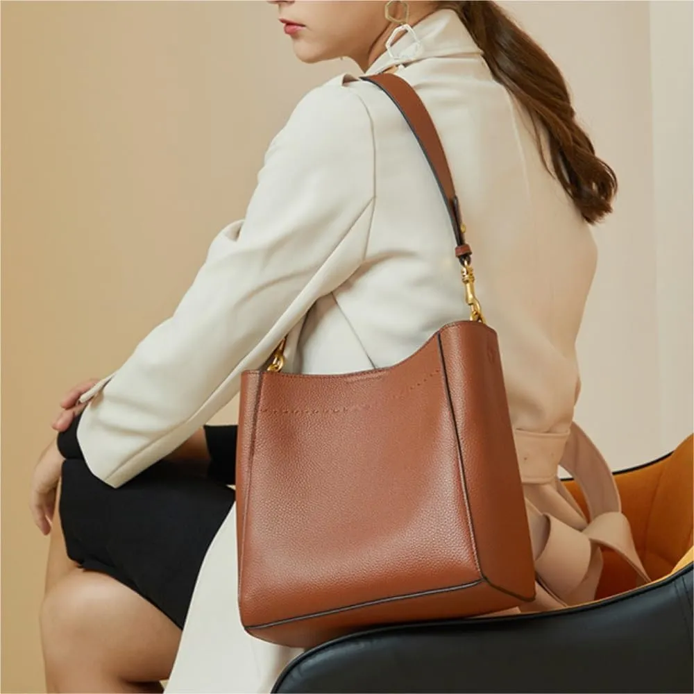 Tote Bag First Layer Cowhide Retro Genuine Leather Women's Bag Large Capacity Bucket Bag Satchel Purse(Black)