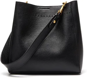 Tote Bag First Layer Cowhide Retro Genuine Leather Women's Bag Large Capacity Bucket Bag Satchel Purse(Black)