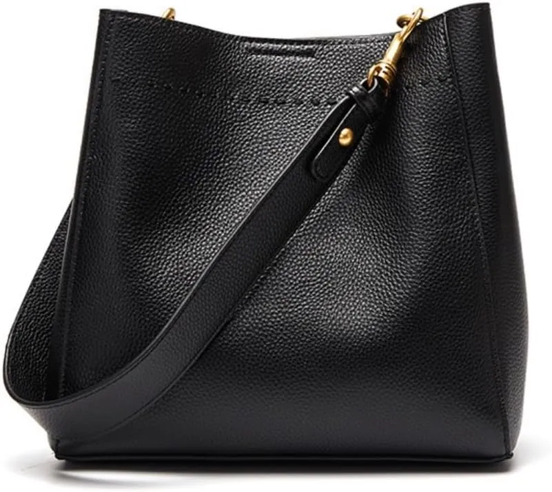 Tote Bag First Layer Cowhide Retro Genuine Leather Women's Bag Large Capacity Bucket Bag Satchel Purse(Black)
