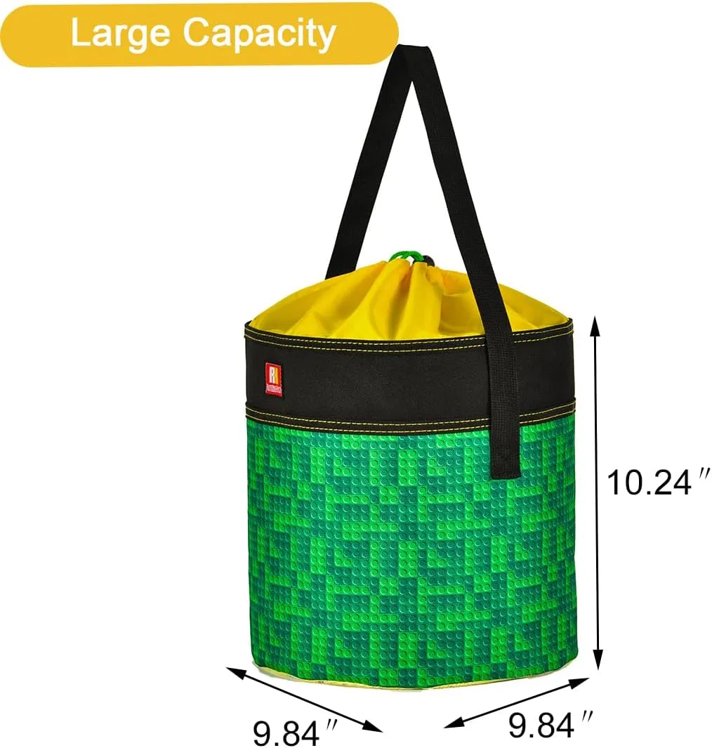 Toy Storage Organizer Basket Bag with Drawstring for Buliding Bricks, Blockets,Puzzles,Lego,Playroom Cinch Bucket Carrying Bag with Handle (Green)