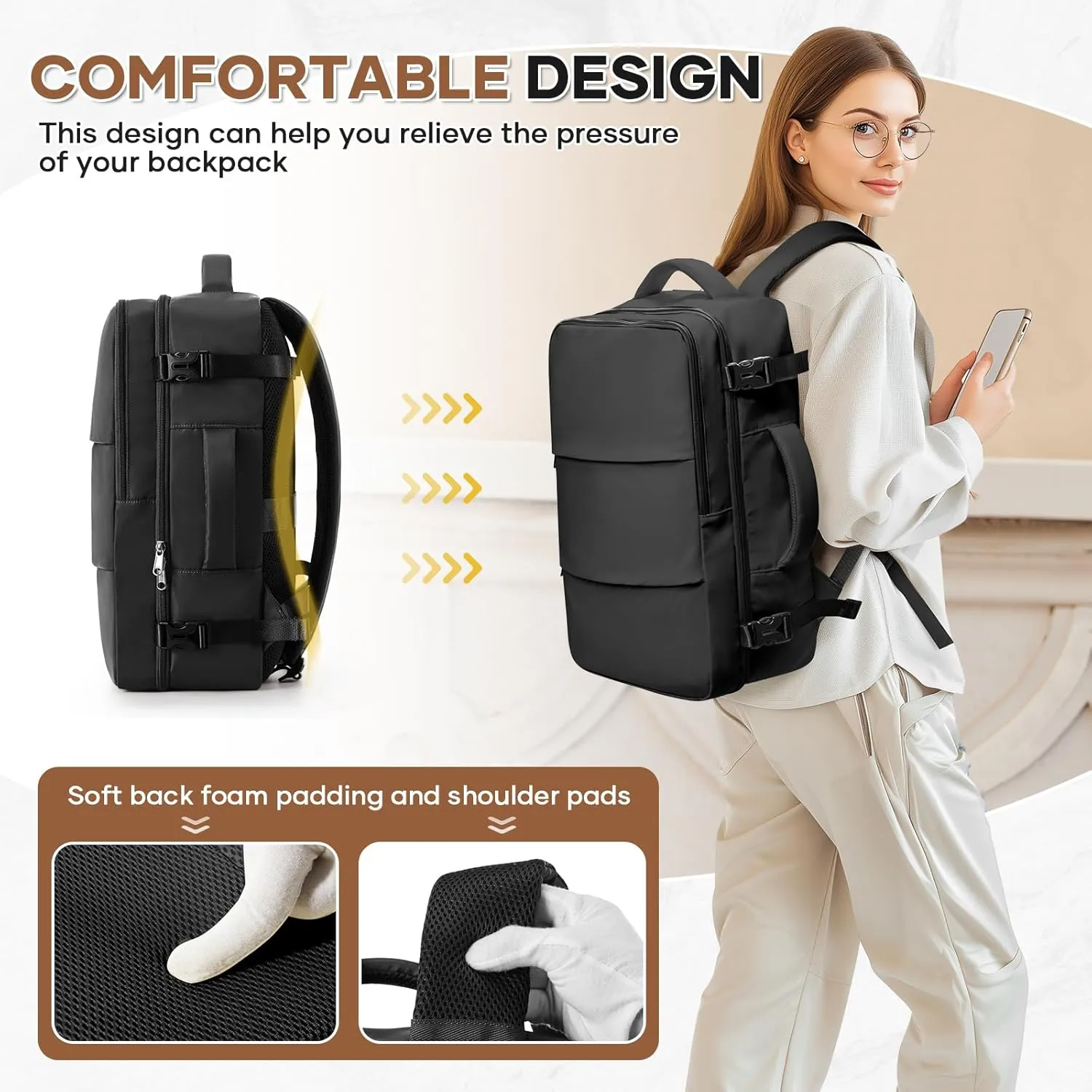 Travel Backpack For Women Men Carry on Backpack Luggage Flight Approved Personal item Travel Bag Essentials Mochila de viaje Laptop College Backpack Black