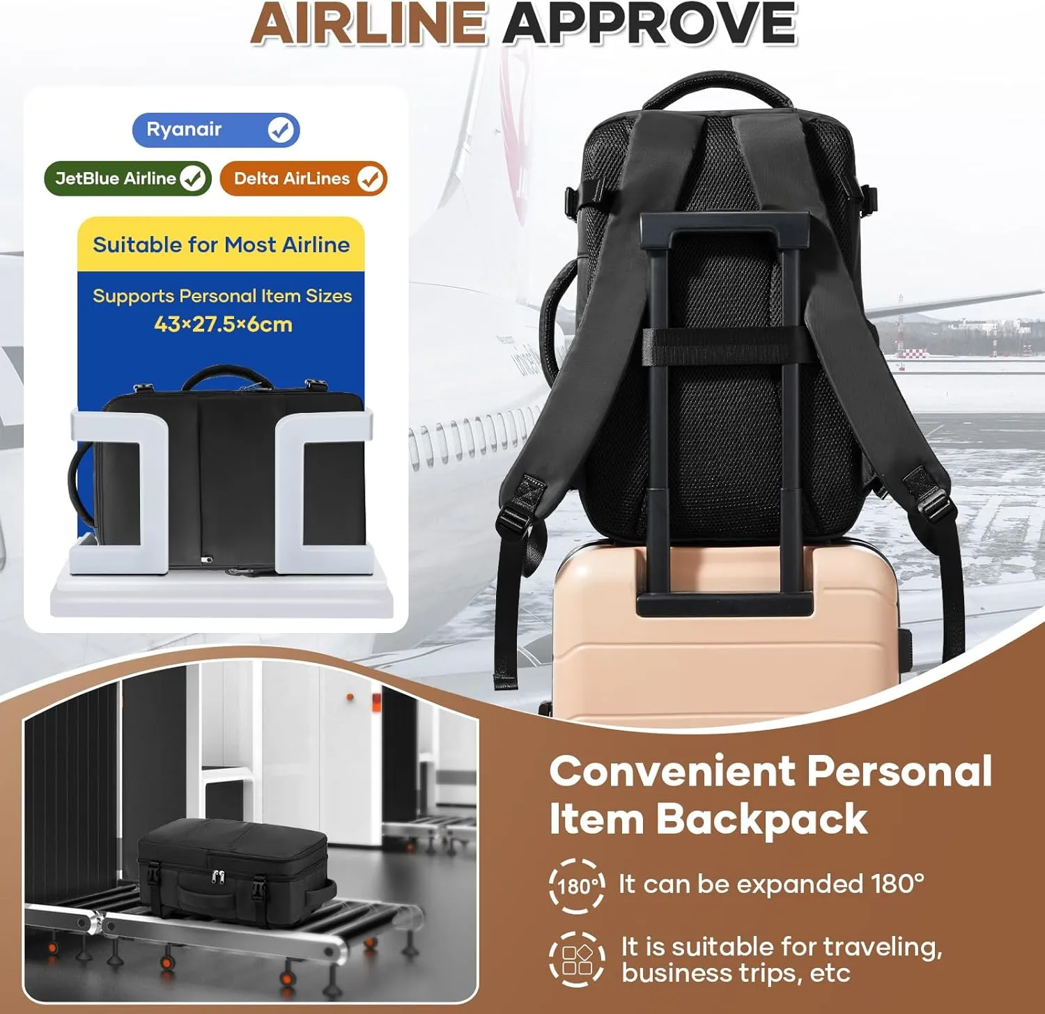 Travel Backpack For Women Men Carry on Backpack Luggage Flight Approved Personal item Travel Bag Essentials Mochila de viaje Laptop College Backpack Black