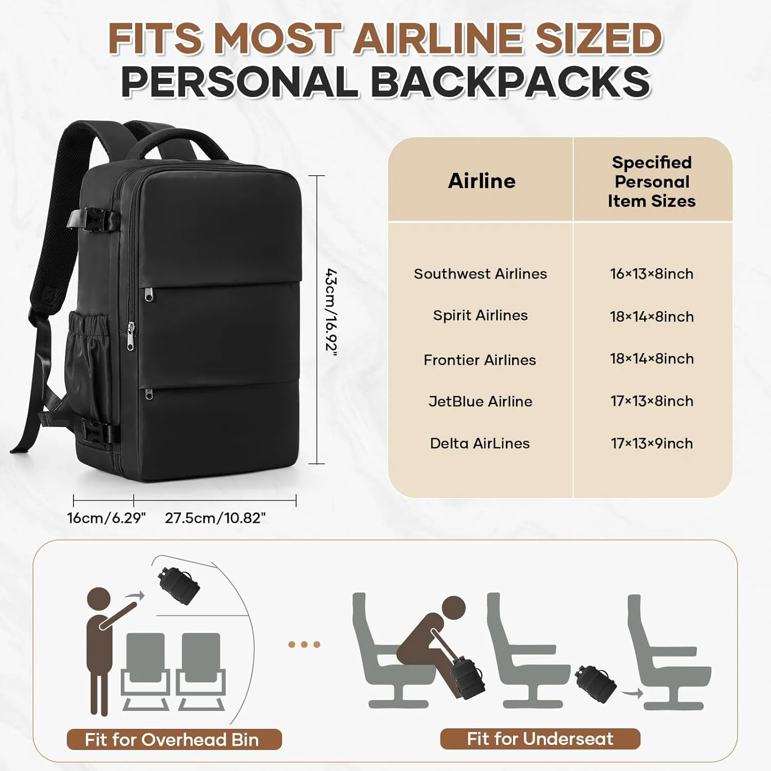 Travel Backpack For Women Men Carry on Backpack Luggage Flight Approved Personal item Travel Bag Essentials Mochila de viaje Laptop College Backpack Black