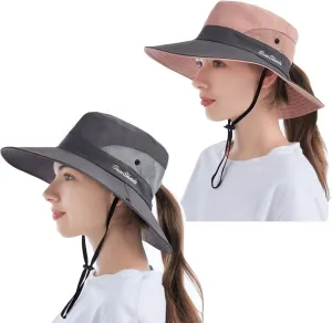 Tutuko Womens Wide Brim Sun Hats Foldable UV Protection Beach Bucket Hats Ponytail Mesh Fishing Hat