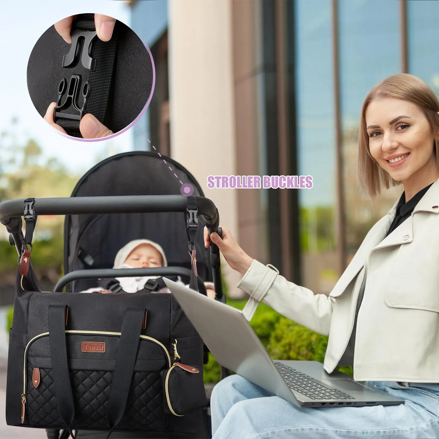 Tuwubi Diaper Bag Tote,Baby Diaper Bag with Pacifier Case Large Travel Diaper Tote Caddy for Mom and Dad Multifunction Large Baby Bag - Black