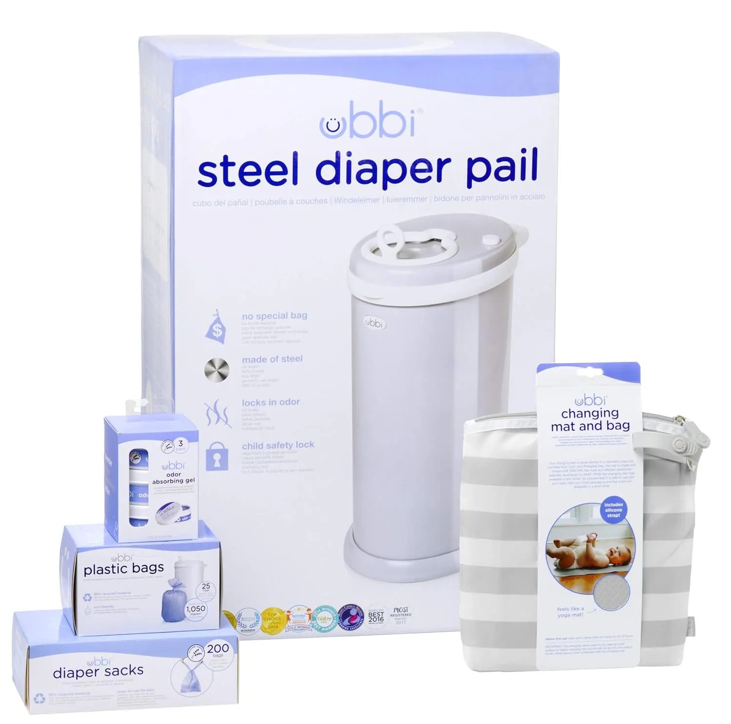 Ubbi Diaper Changing Value Gift Set, Baby Registry Gift, Includes Gray Diaper Pail, Absorbing Gels, Travel Changing Mat & Bag, Diaper Pail Waste Bags and On-the-Go Waste Sacks